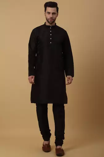 Men's black kurta and churidar with jacquard ethnic motifs printed nehru jacket