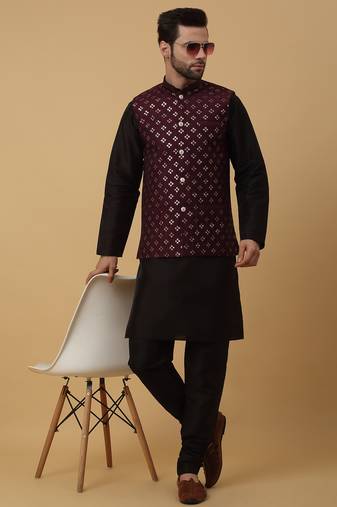 Men's black kurta and churidar with sequenced cotton silk nehru jacket