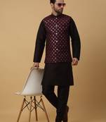 Men's black kurta and churidar with sequenced cotton silk nehru jacket