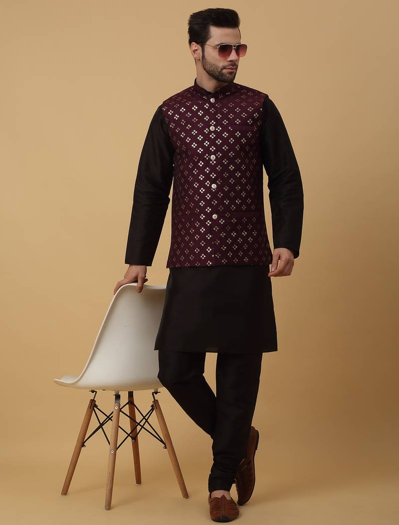 Men's black kurta and churidar with sequenced cotton silk nehru jacket
