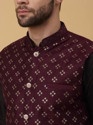 Men's black kurta and churidar with sequenced cotton silk nehru jacket 2
