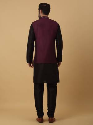 Men's black kurta and churidar with sequenced cotton silk nehru jacket 3