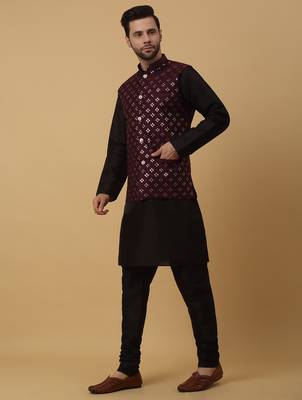 Men's black kurta and churidar with sequenced cotton silk nehru jacket 4