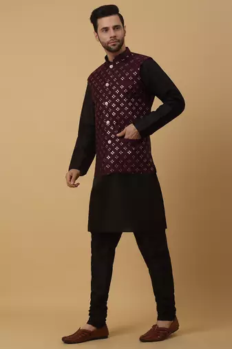 Men's black kurta and churidar with sequenced cotton silk nehru jacket