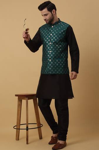 Men's black kurta and churidar with sequenced cotton silk nehru jacket