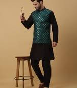 Men's black kurta and churidar with sequenced cotton silk nehru jacket