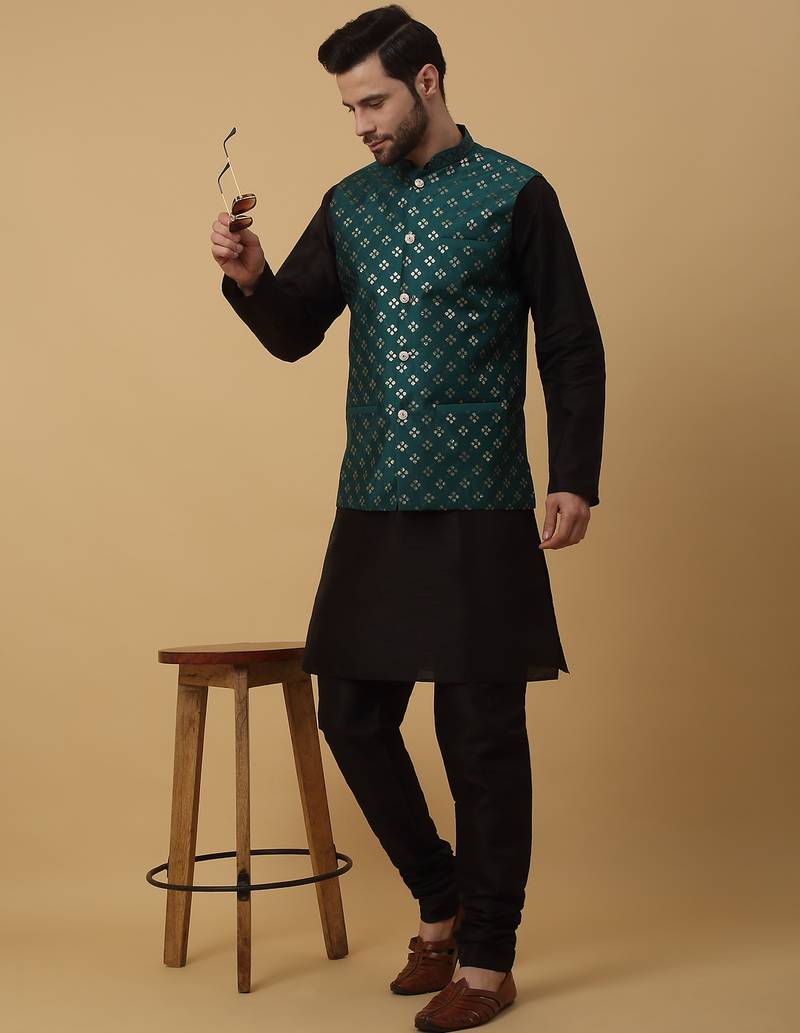 Men's black kurta and churidar with sequenced cotton silk nehru jacket