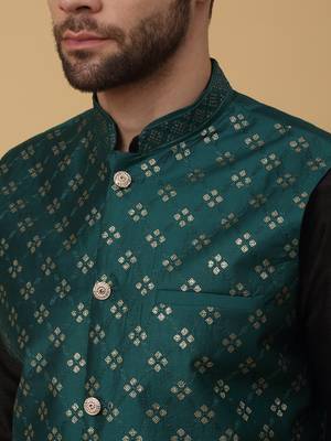 Men's black kurta and churidar with sequenced cotton silk nehru jacket 2