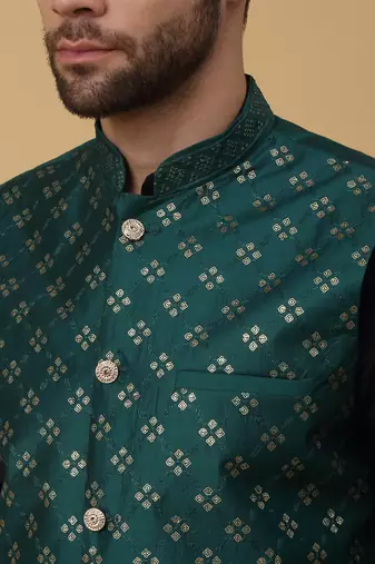Men's black kurta and churidar with sequenced cotton silk nehru jacket