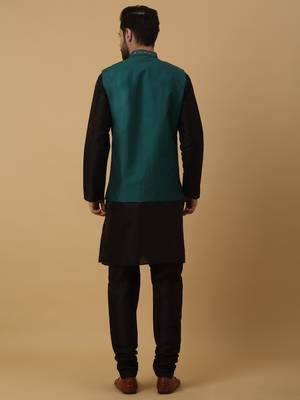 Men's black kurta and churidar with sequenced cotton silk nehru jacket 3