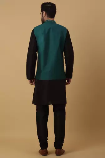 Men's black kurta and churidar with sequenced cotton silk nehru jacket