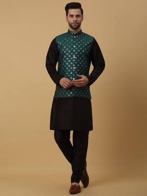 Men's black kurta and churidar with sequenced cotton silk nehru jacket 4