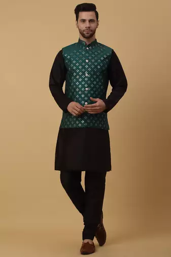 Men's black kurta and churidar with sequenced cotton silk nehru jacket