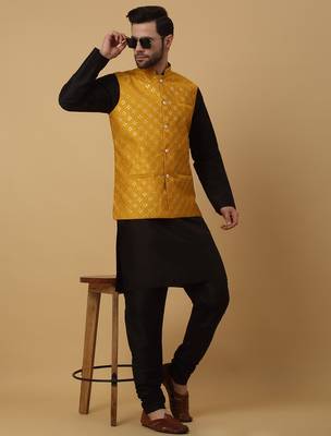 Men's black kurta and churidar with sequenced cotton silk nehru jacket 1