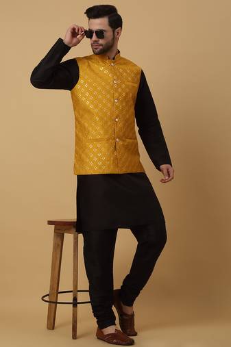Men's black kurta and churidar with sequenced cotton silk nehru jacket