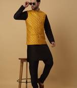 Men's black kurta and churidar with sequenced cotton silk nehru jacket