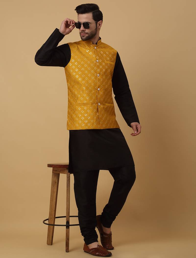 Men's black kurta and churidar with sequenced cotton silk nehru jacket