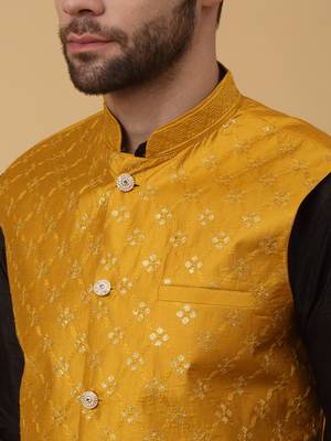 Men's black kurta and churidar with sequenced cotton silk nehru jacket 2