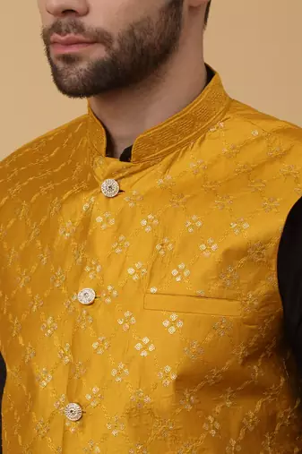 Men's black kurta and churidar with sequenced cotton silk nehru jacket