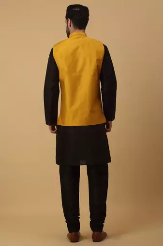 Men's black kurta and churidar with sequenced cotton silk nehru jacket
