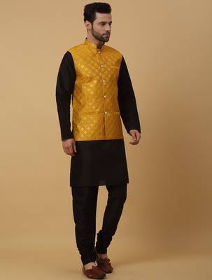 Men's black kurta and churidar with sequenced cotton silk nehru jacket 4
