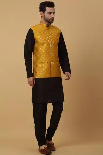 Men's black kurta and churidar with sequenced cotton silk nehru jacket