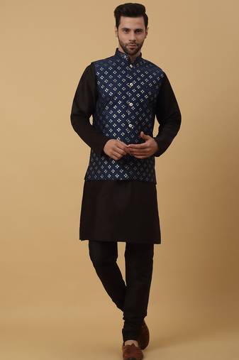 Men's black kurta and churidar with sequenced cotton silk nehru jacket