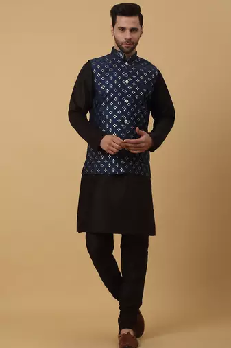 Men's black kurta and churidar with sequenced cotton silk nehru jacket