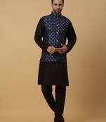 Men's black kurta and churidar with sequenced cotton silk nehru jacket