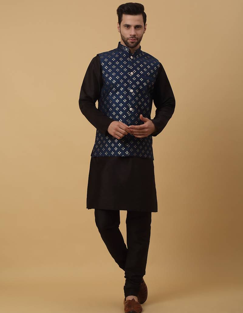 Men's black kurta and churidar with sequenced cotton silk nehru jacket