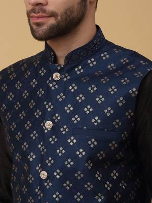 Men's black kurta and churidar with sequenced cotton silk nehru jacket 2