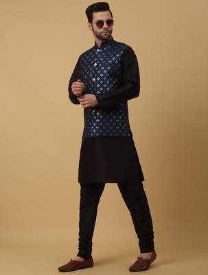 Men's black kurta and churidar with sequenced cotton silk nehru jacket 4