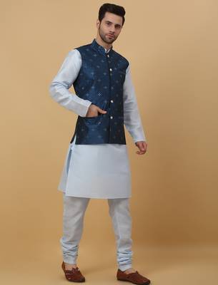 Men's sky blue kurta and churidar with jacquard floral nehru jacket 1