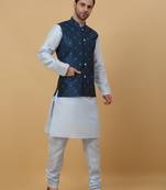 Men's sky blue kurta and churidar with jacquard floral nehru jacket