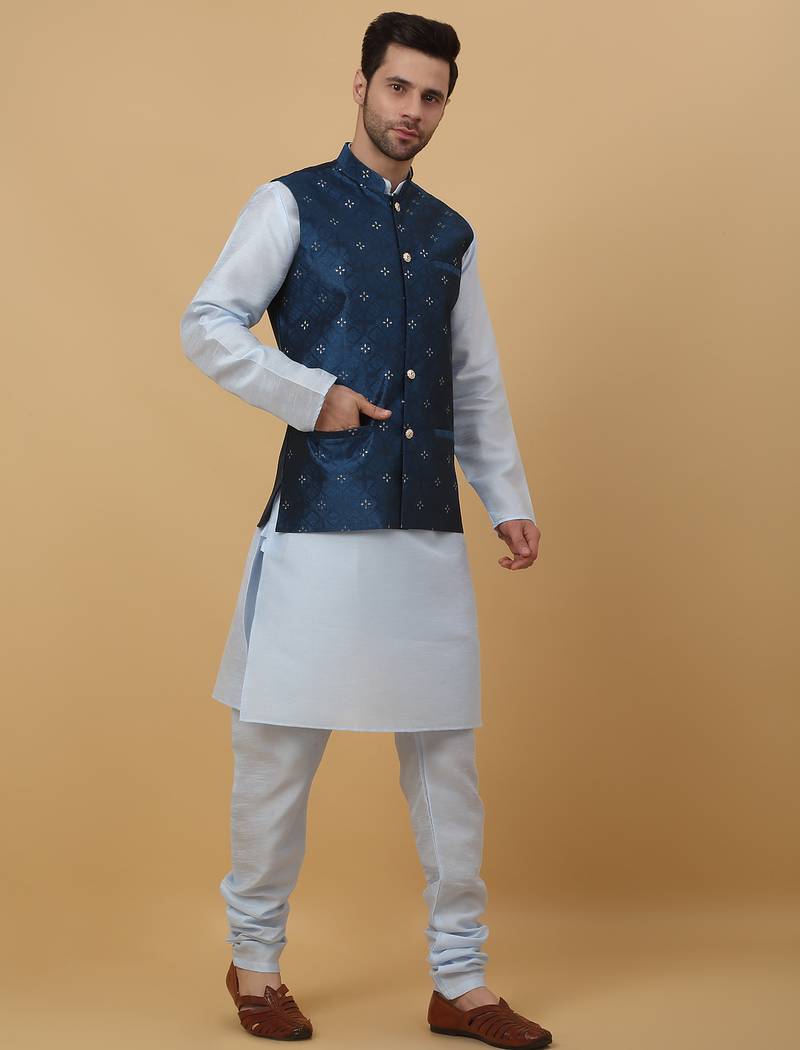 Men's sky blue kurta and churidar with jacquard floral nehru jacket