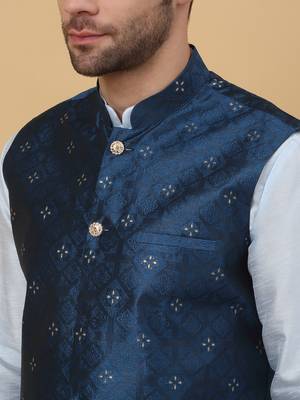 Men's sky blue kurta and churidar with jacquard floral nehru jacket 2