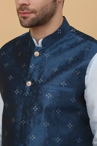 Men's sky blue kurta and churidar with jacquard floral nehru jacket