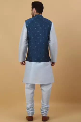 Men's sky blue kurta and churidar with jacquard floral nehru jacket