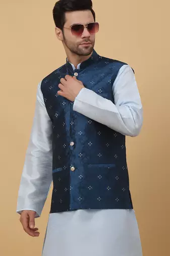 Men's sky blue kurta and churidar with jacquard floral nehru jacket