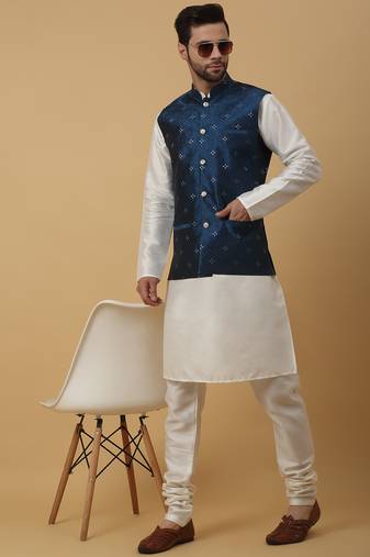 Men's cream kurta and churidar with jacquard floral nehru jacket