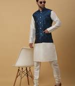 Men's cream kurta and churidar with jacquard floral nehru jacket