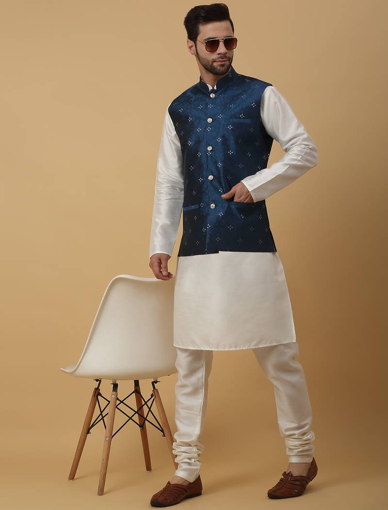 Men's cream kurta and churidar with jacquard floral nehru jacket