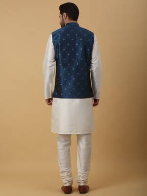 Men's cream kurta and churidar with jacquard floral nehru jacket 3