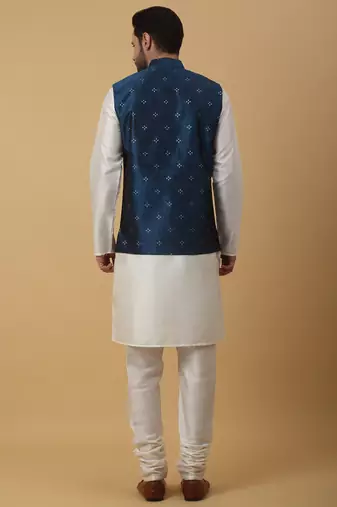 Men's cream kurta and churidar with jacquard floral nehru jacket