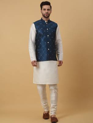 Men's cream kurta and churidar with jacquard floral nehru jacket 4
