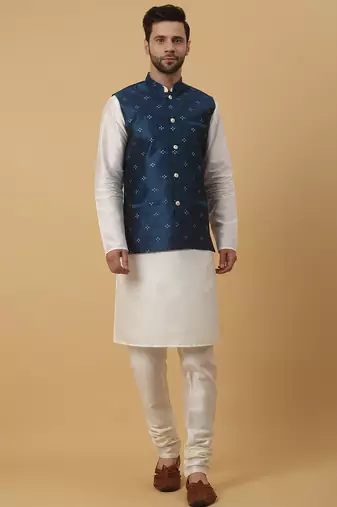 Men's cream kurta and churidar with jacquard floral nehru jacket