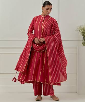 fuchsia cotton anarkali set with plain solid design 1