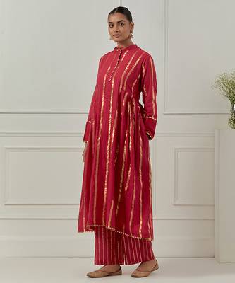 fuchsia cotton anarkali set with plain solid design 2