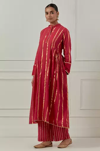 fuchsia cotton anarkali set with plain solid design