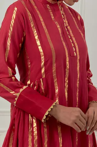 fuchsia cotton anarkali set with plain solid design